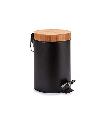 Poubelle noire ronde à pédale pour salle de bain en avec couvercle en bambou